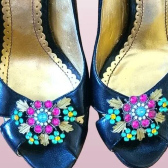 Y2K Black Peep Toe Heels jeweled stilettos Pinup style size 8.5 small platform - Picture 2 of 4